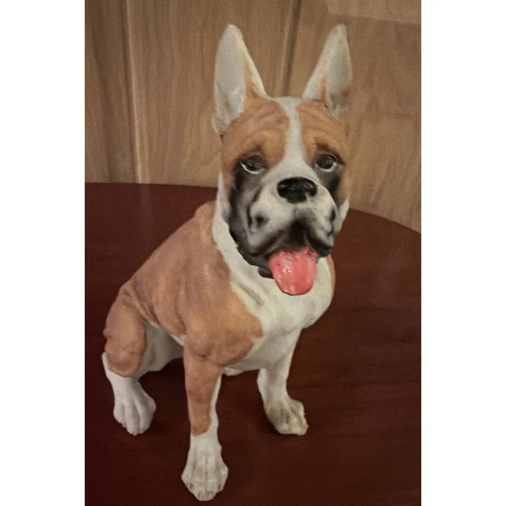Sitting Fawn Boxer with Tongue Out Dog Pet Home Decoration Resin Figurine  8.25”